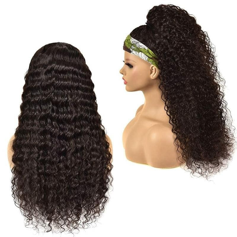 Headband Wig Deep Wave Human Hair Scarf Wig No GLUE Easy Wear - GlamAura