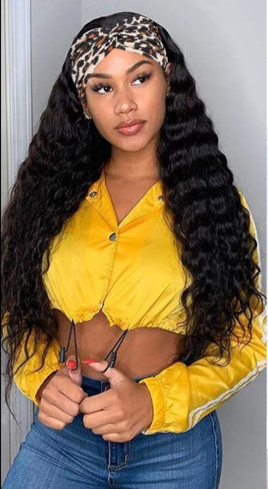Headband Wig Deep Wave Human Hair Scarf Wig No GLUE Easy Wear - GlamAura