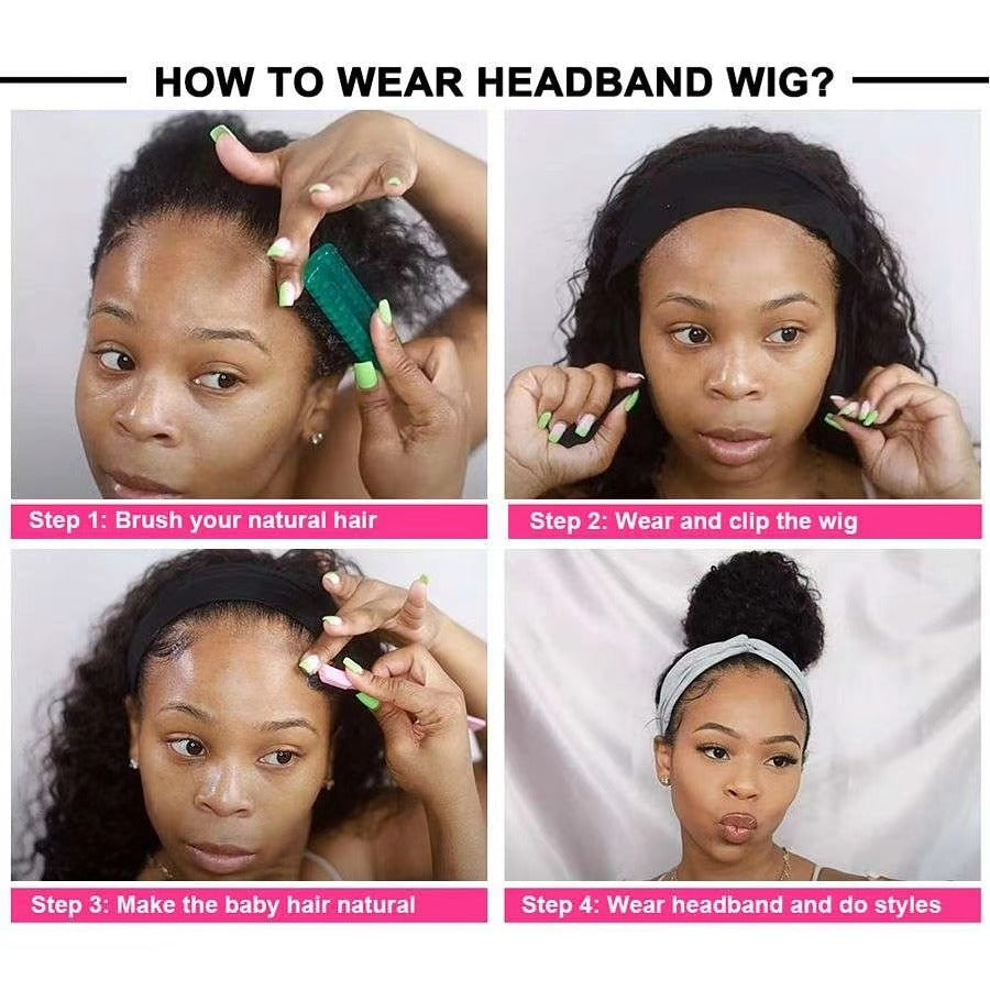 Headband Wig Deep Wave Human Hair Scarf Wig No GLUE Easy Wear - GlamAura
