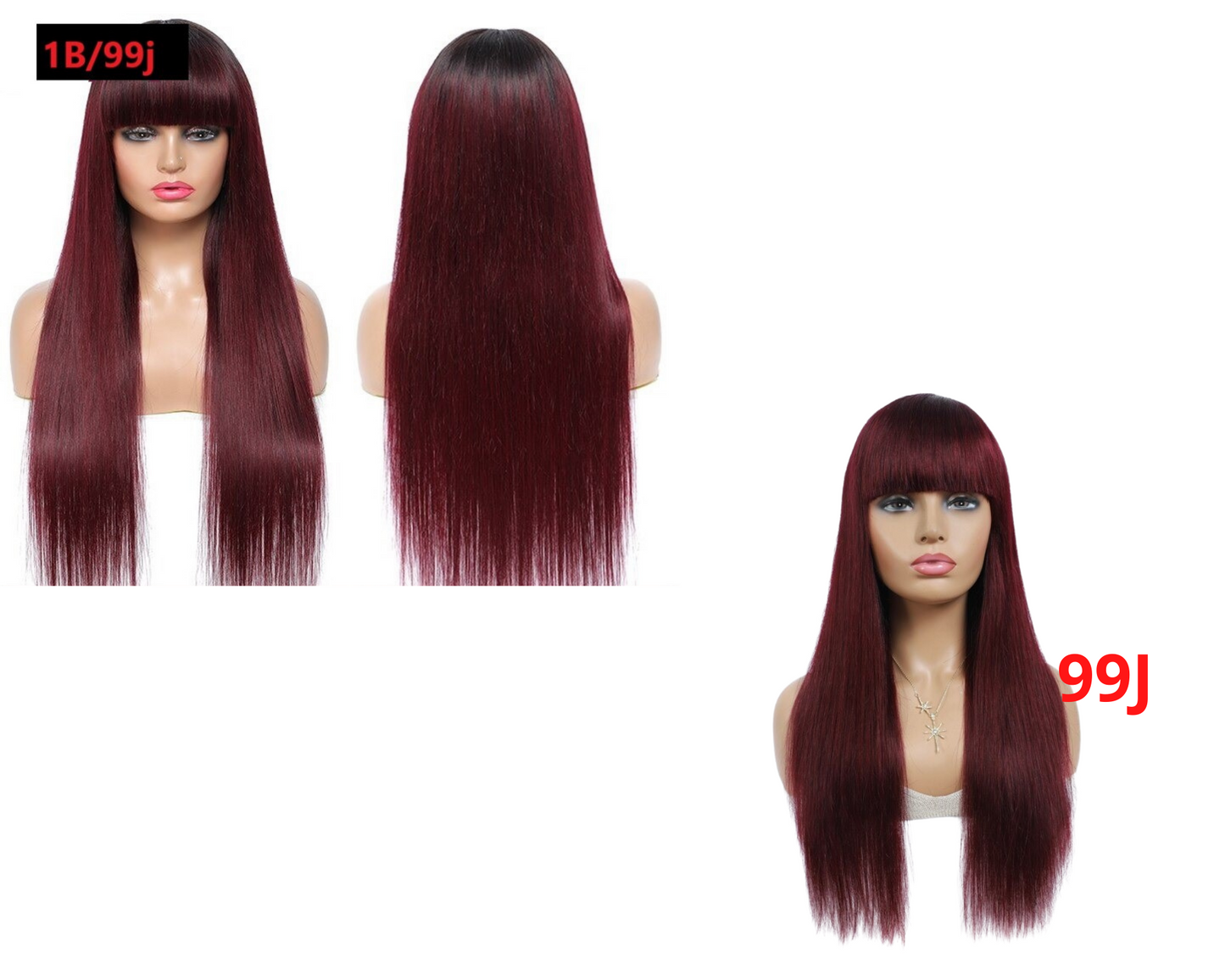 #1B/99J Brazilian Straight Human Hair Wigs with Bangs #99J No Glue Wig - GlamAura