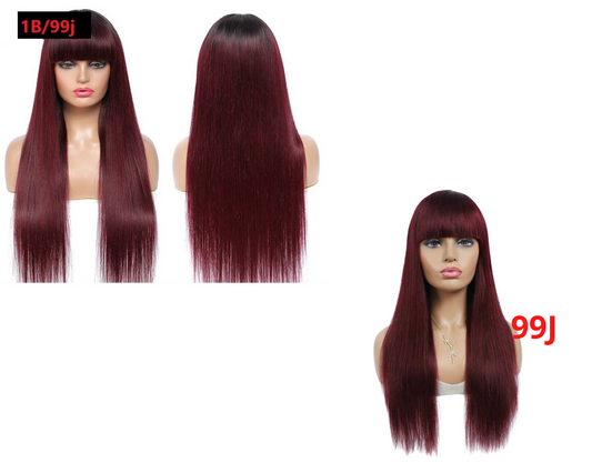 #1B/99J Brazilian Straight Human Hair Wigs with Bangs #99J No Glue Wig - GlamAura