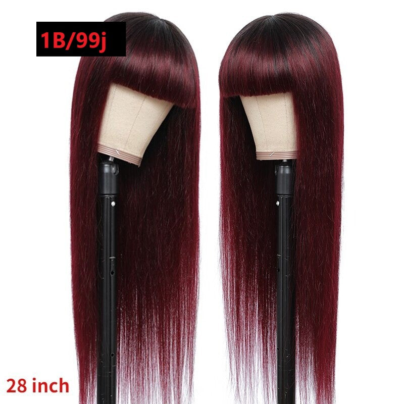 #1B/99J Brazilian Straight Human Hair Wigs with Bangs #99J No Glue Wig - GlamAura