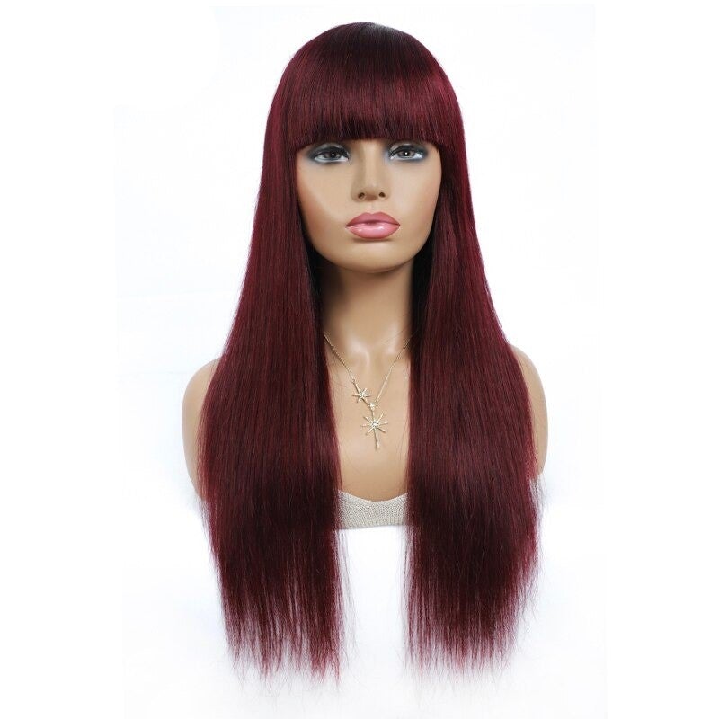 #1B/99J Brazilian Straight Human Hair Wigs with Bangs #99J No Glue Wig - GlamAura