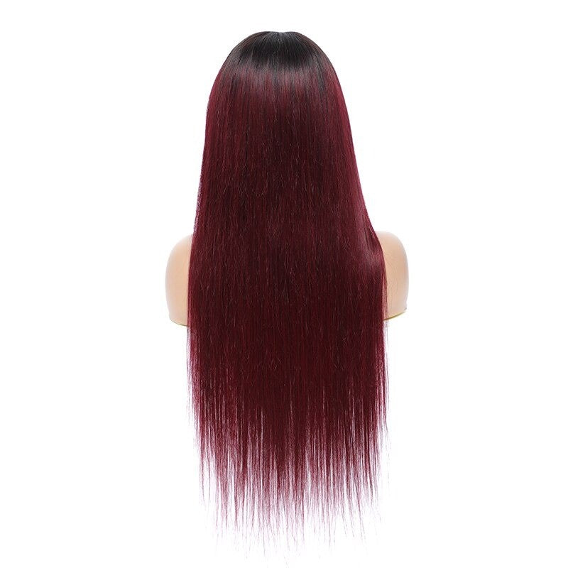 #1B/99J Brazilian Straight Human Hair Wigs with Bangs #99J No Glue Wig - GlamAura