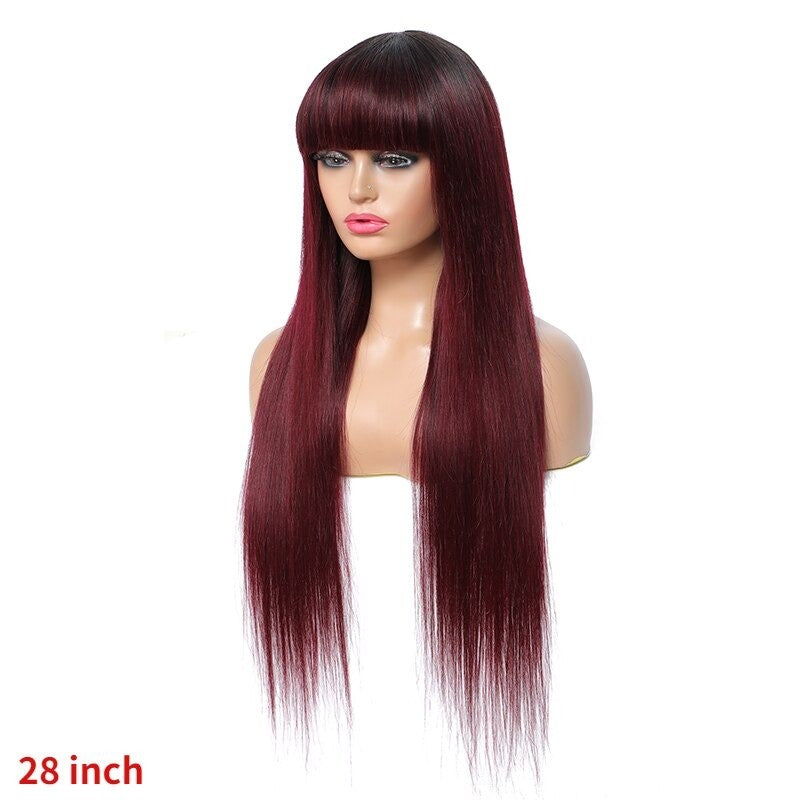 #1B/99J Brazilian Straight Human Hair Wigs with Bangs #99J No Glue Wig - GlamAura