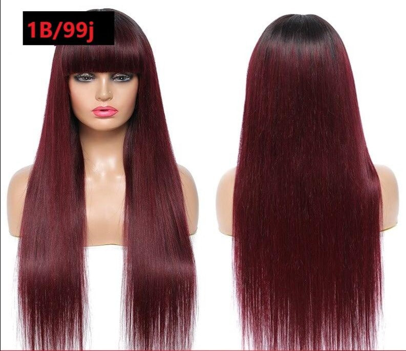 #1B/99J Brazilian Straight Human Hair Wigs with Bangs #99J No Glue Wig - GlamAura