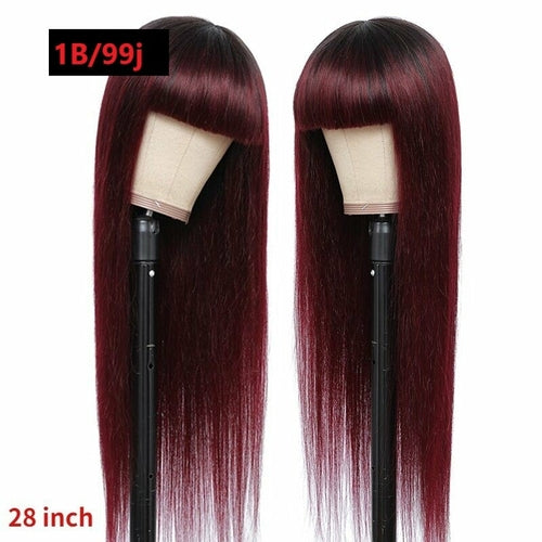 #1B/99J Brazilian Straight Human Hair Wigs with Bangs #99J No Glue Wig - GlamAura