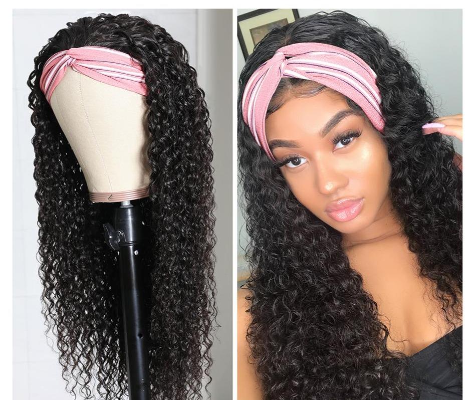 Headband Wig Jerry Curl Human Hair Scarf Wig No GLUE Easy Wear - GlamAura