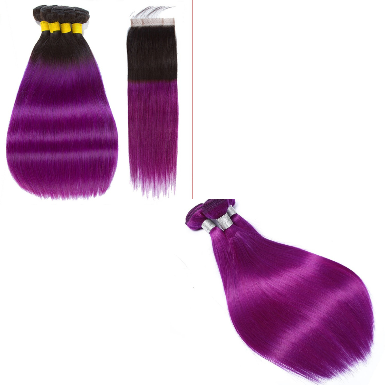 Purple 10A Grade Silver #1B/ purple  3/4 Straight BUNDLES with CLOSURE - GlamAura