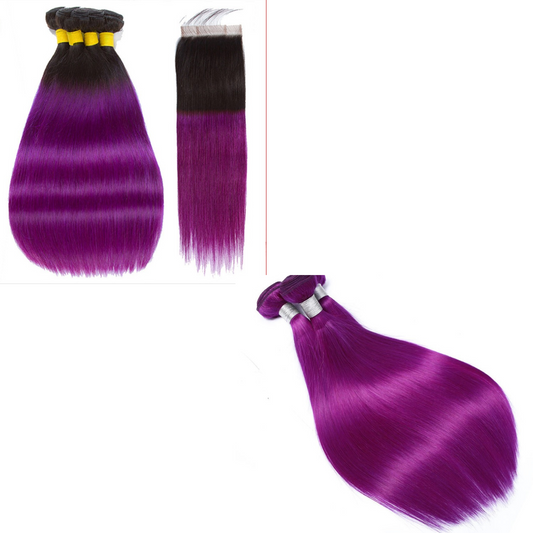 Purple 10A Grade Silver #1B/ purple  3/4 Straight BUNDLES with CLOSURE - GlamAura