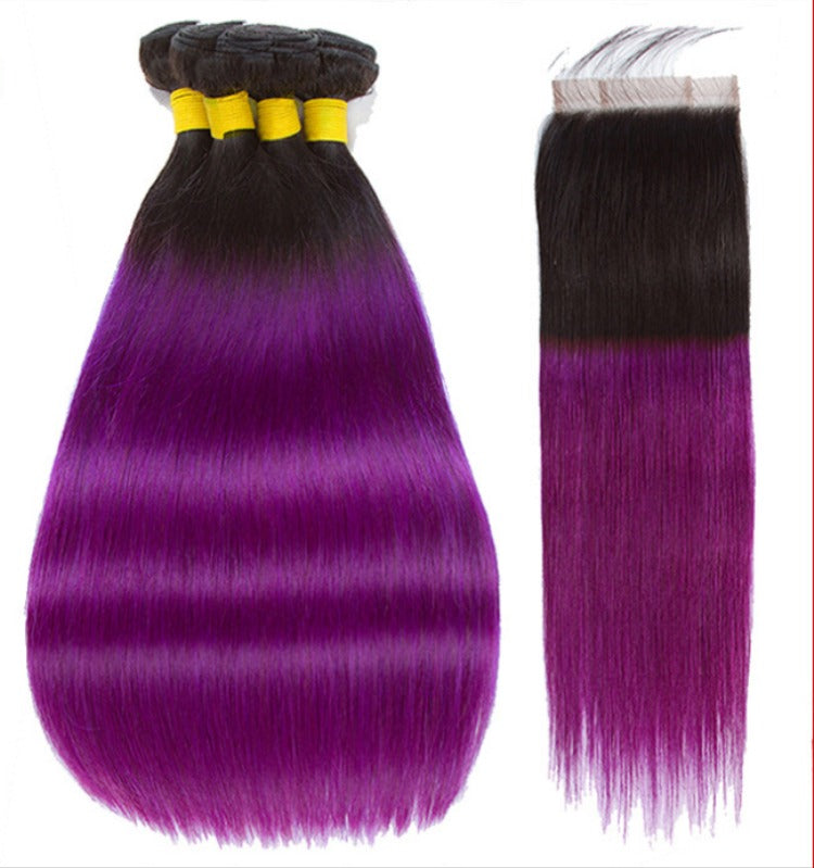Purple 10A Grade Silver #1B/ purple  3/4 Straight BUNDLES with CLOSURE - GlamAura