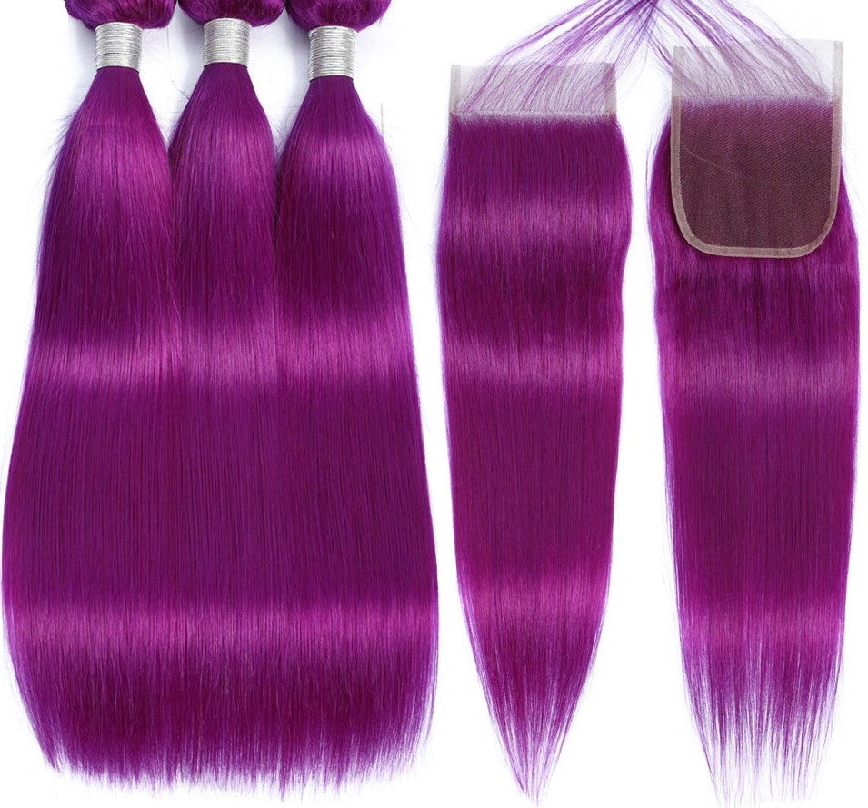 Purple 10A Grade Silver #1B/ purple  3/4 Straight BUNDLES with CLOSURE - GlamAura