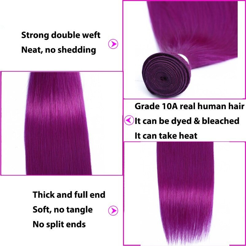 Purple 10A Grade Silver #1B/ purple  3/4 Straight BUNDLES with CLOSURE - GlamAura