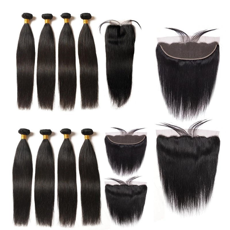 10A Grade 3/4 Straight Human Hair Bundles 4x4 Closures and 13x4 fronta - GlamAura