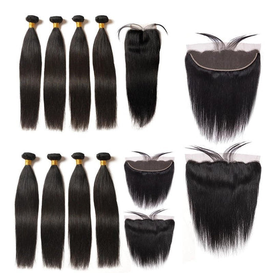 10A Grade 3/4 Straight Human Hair Bundles 4x4 Closures and 13x4 fronta - GlamAura