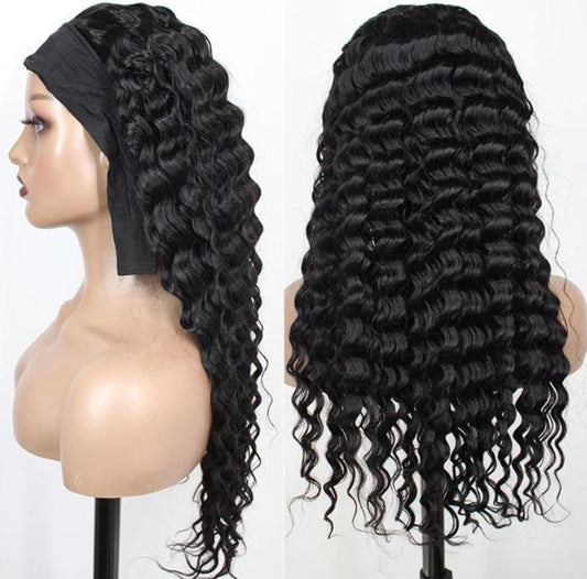 BeuMax Headband Loose Deep wave Scarf Human Hair Wigs - GlamAura