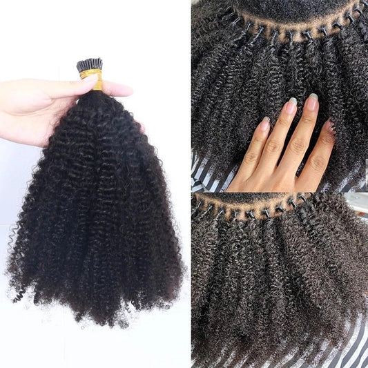 Mongalian Afro Kinky Curly i Tip Microlinks Braiding Human Hair Extens - GlamAura
