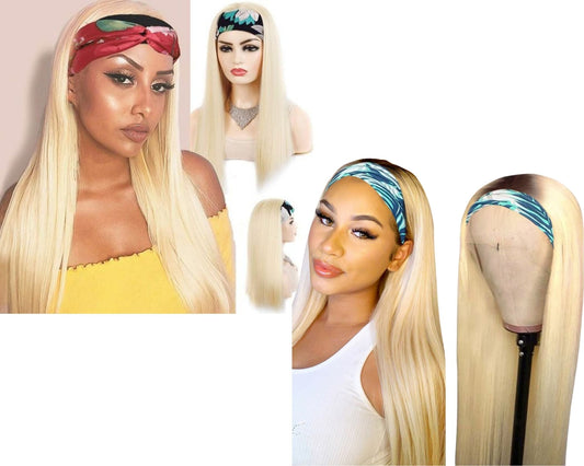 Straight 1B/613 Headband Human Hair Wigs For Black Women Blonde Scarf - GlamAura