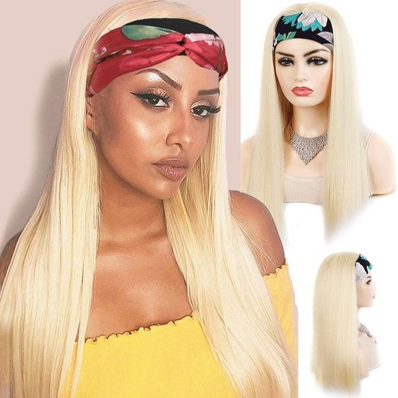 Straight 1B/613 Headband Human Hair Wigs For Black Women Blonde Scarf - GlamAura