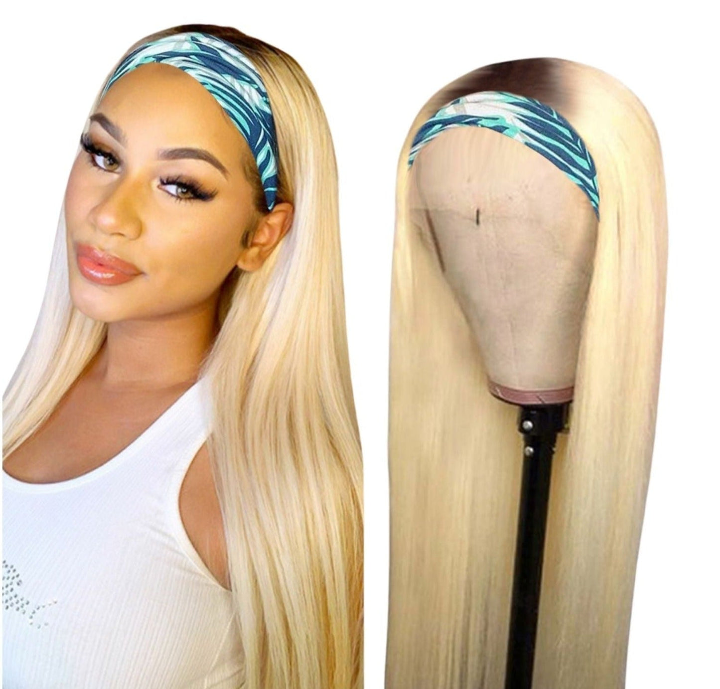 Straight 1B/613 Headband Human Hair Wigs For Black Women Blonde Scarf - GlamAura