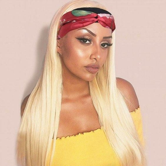 Straight 1B/613 Headband Human Hair Wigs For Black Women Blonde Scarf - GlamAura