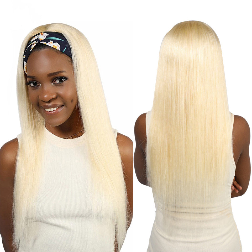 Straight 1B/613 Headband Human Hair Wigs For Black Women Blonde Scarf - GlamAura