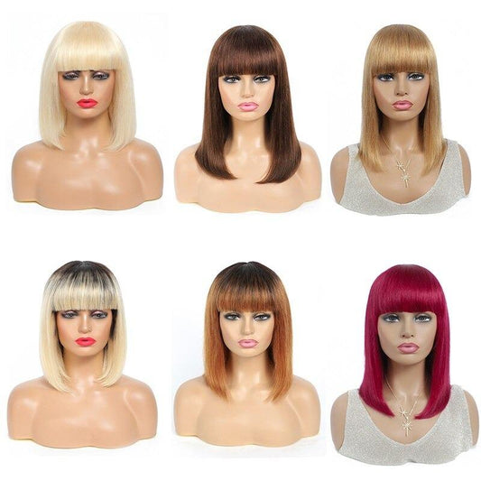 #613 Brazilian 99J Burgundy Short Bob Remy Straight Human Hair Wigs Wi - GlamAura
