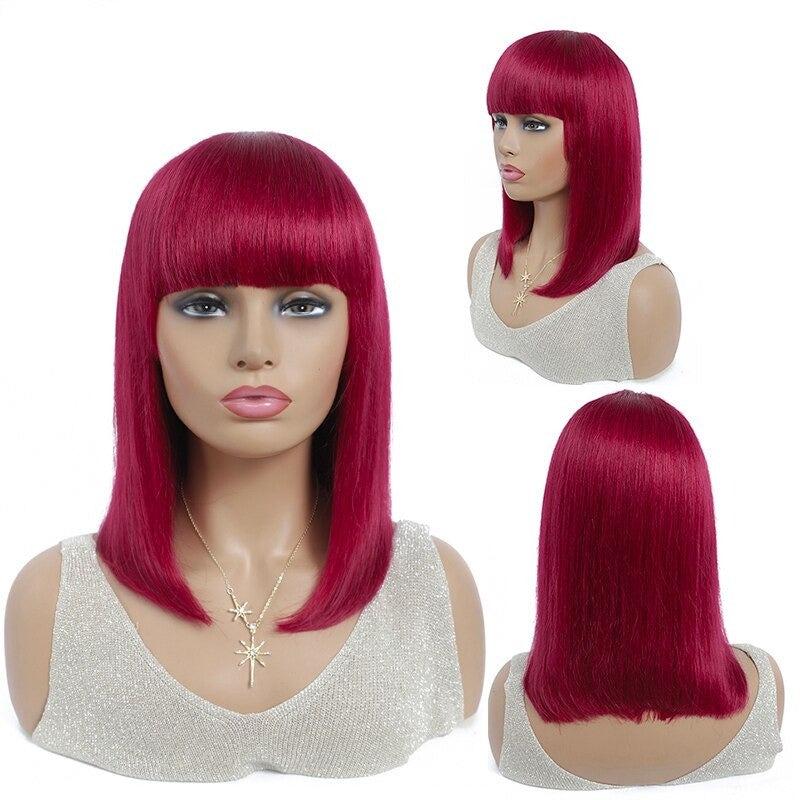 #613 Brazilian 99J Burgundy Short Bob Remy Straight Human Hair Wigs Wi - GlamAura