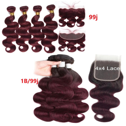 10A Grade #99J  Body Wave #1B/99j BUNDLES with 4x4 CLOSURES & 13x4 FRO - GlamAura