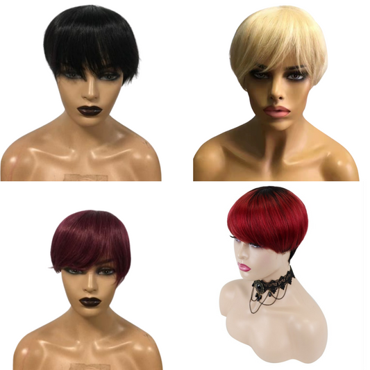 6inch #Burg Pixie Short Cut 100% Straight Human Hair Wig with Bangs Br - GlamAura