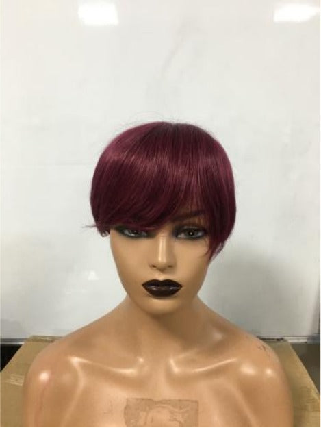 6inch #Burg Pixie Short Cut 100% Straight Human Hair Wig with Bangs Br - GlamAura