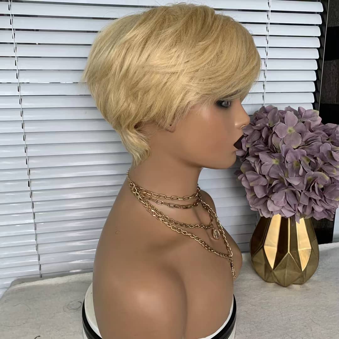 6inch #Burg Pixie Short Cut 100% Straight Human Hair Wig with Bangs Br - GlamAura