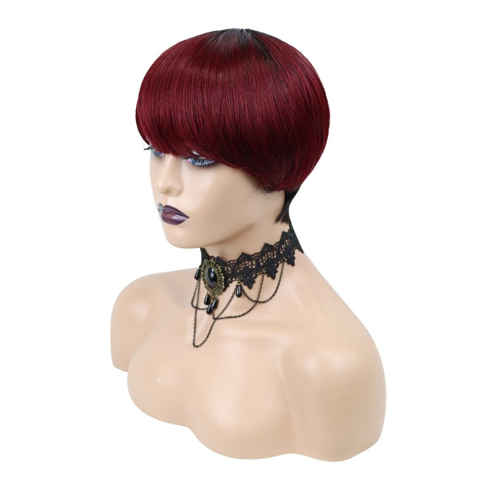 6inch #Burg Pixie Short Cut 100% Straight Human Hair Wig with Bangs Br - GlamAura