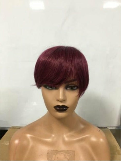 6inch #Burg Pixie Short Cut 100% Straight Human Hair Wig with Bangs Br - GlamAura