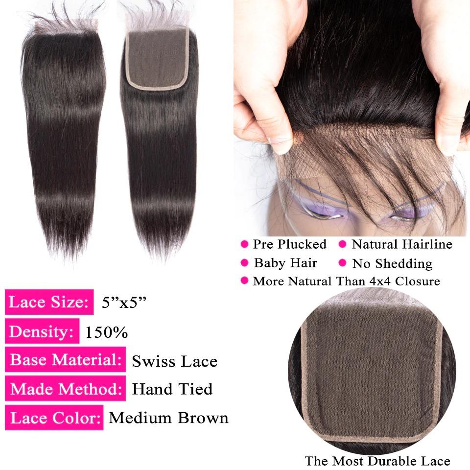 10A Grade Straight 4x4 Brazilian  5x5 Lace 6x6 Closure Remy Human Hair - GlamAura