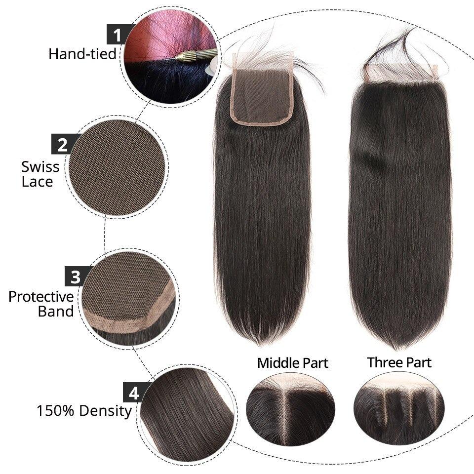 10A Grade Straight 4x4 Brazilian  5x5 Lace 6x6 Closure Remy Human Hair - GlamAura