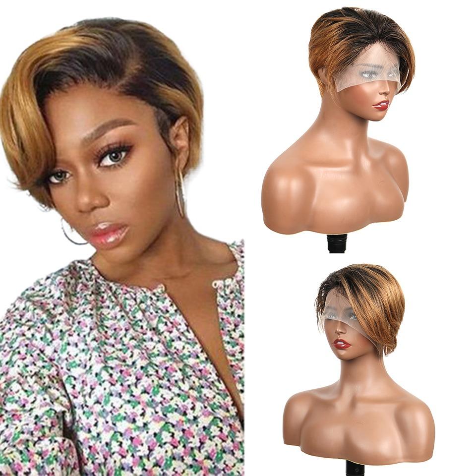 Ombre Short Bob Pixie Cut 13x4x1 T Lace Front Straight Human Hair Wigs - GlamAura