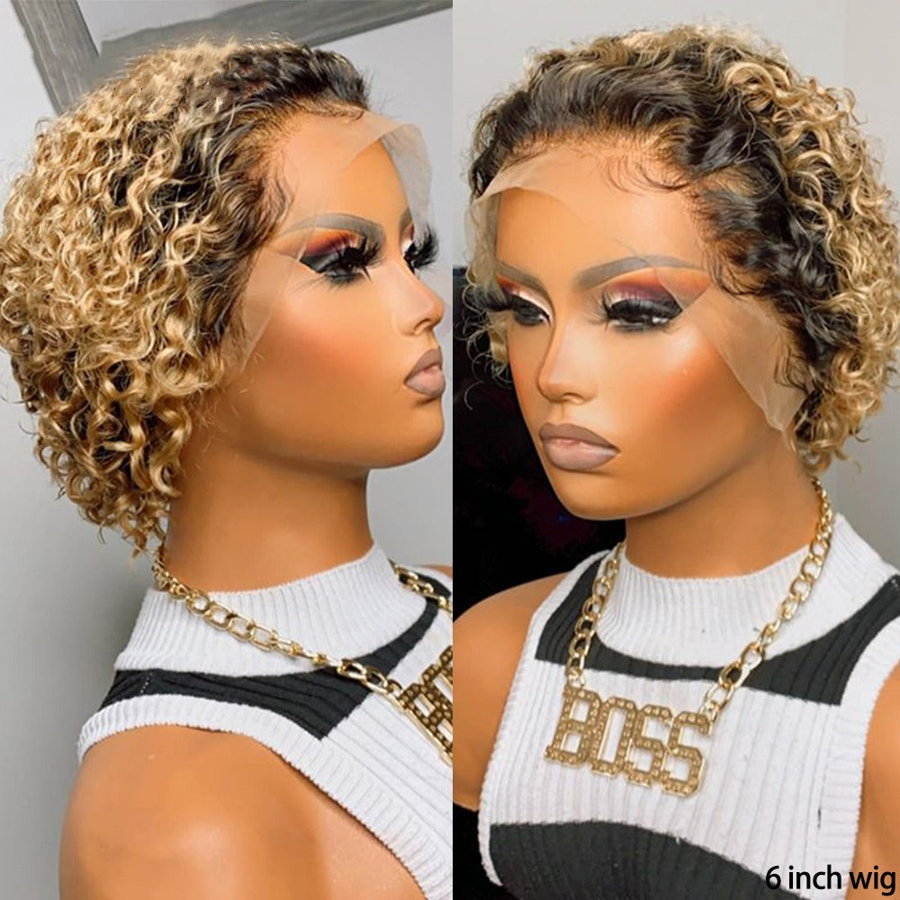 Ombre Short Pixie Cut 13x4x1 T Lace Front Curly Human Hair Wigs 8 Inch - GlamAura