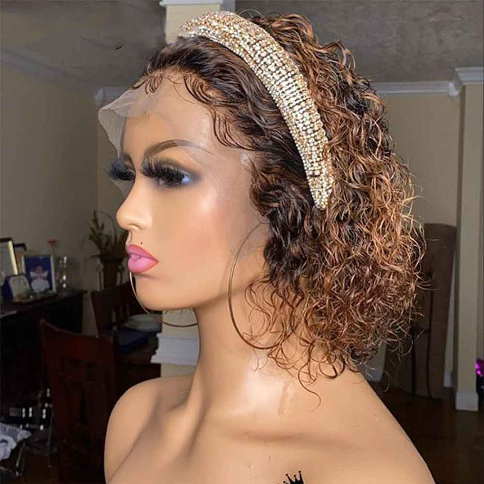 Ombre Short Pixie Cut 13x4x1 T Lace Front Curly Human Hair Wigs 8 Inch - GlamAura