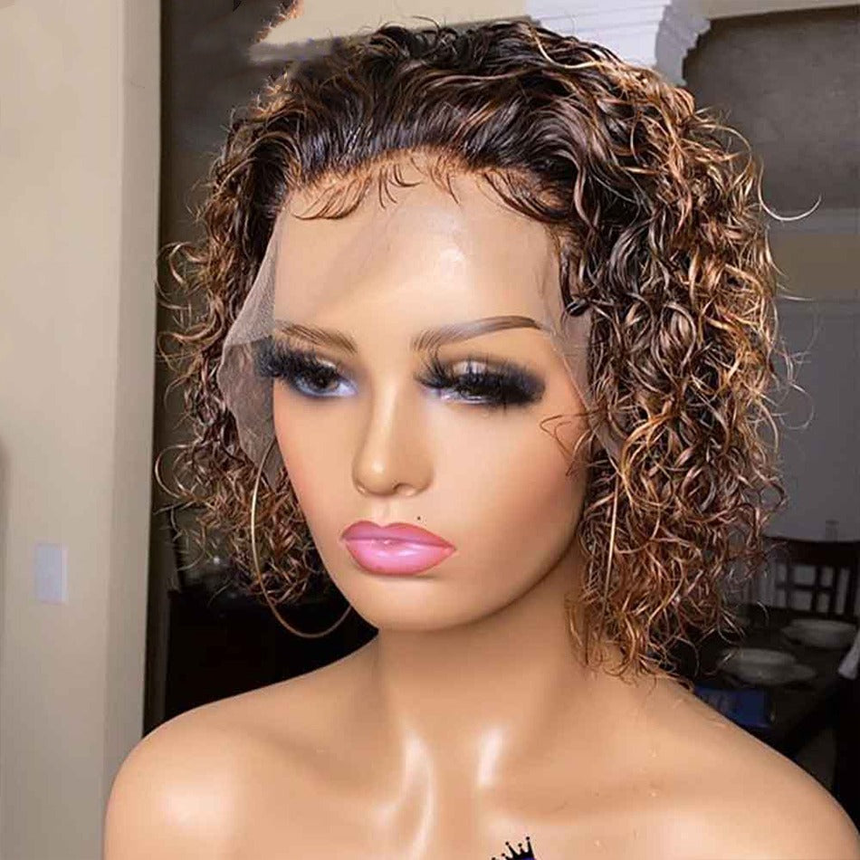 Ombre Short Pixie Cut 13x4x1 T Lace Front Curly Human Hair Wigs 8 Inch - GlamAura