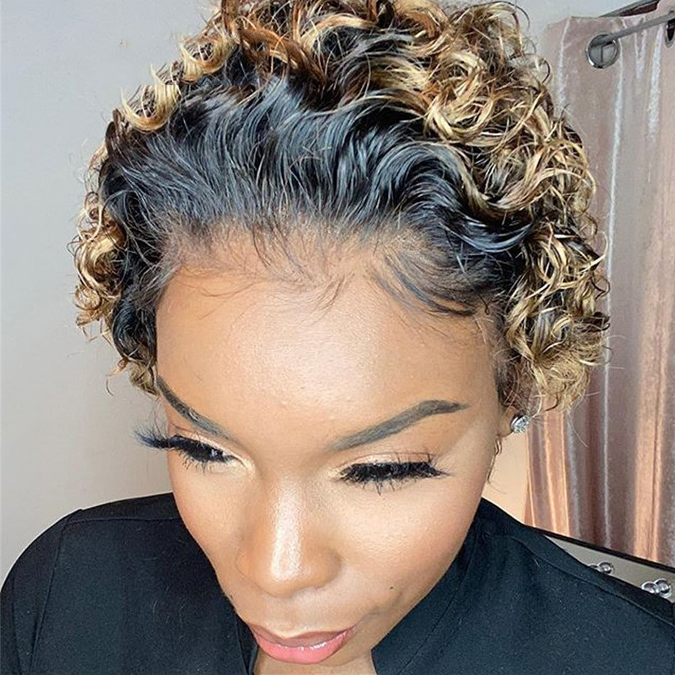 Ombre Short Pixie Cut 13x4x1 T Lace Front Curly Human Hair Wigs 8 Inch - GlamAura