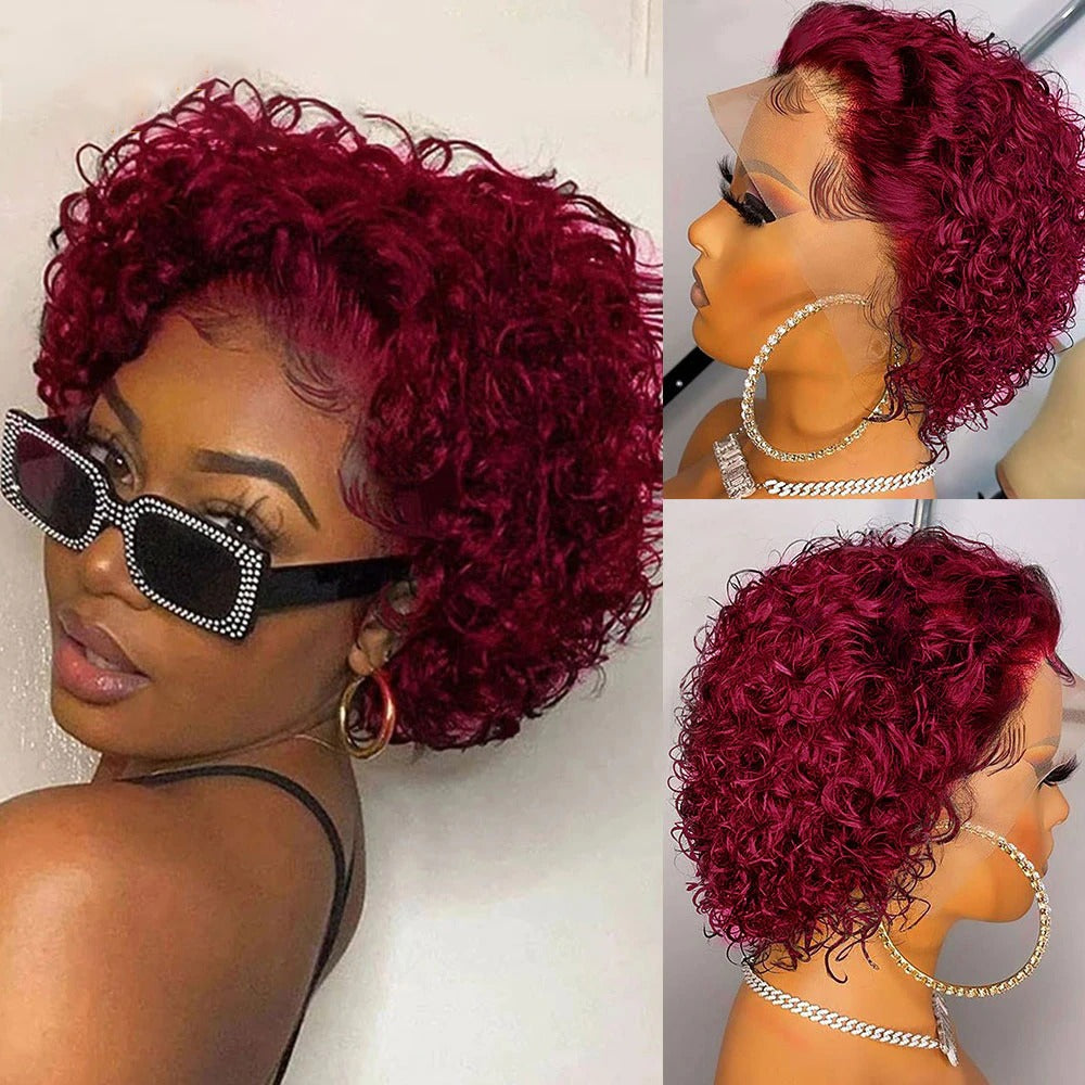 Ombre Short Pixie Cut 13x4x1 T Lace Front Curly Human Hair Wigs 8 Inch - GlamAura