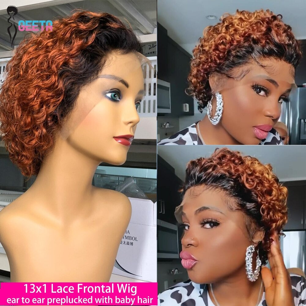 Ombre Short Pixie Cut 13x4x1 T Lace Front Curly Human Hair Wigs 8 Inch - GlamAura