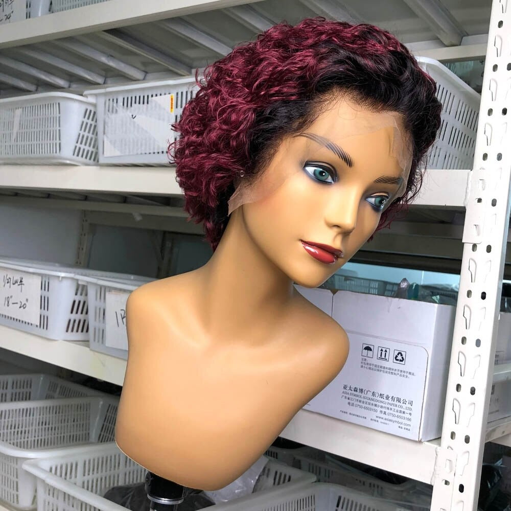 Ombre Short Pixie Cut 13x4x1 T Lace Front Curly Human Hair Wigs 8 Inch - GlamAura