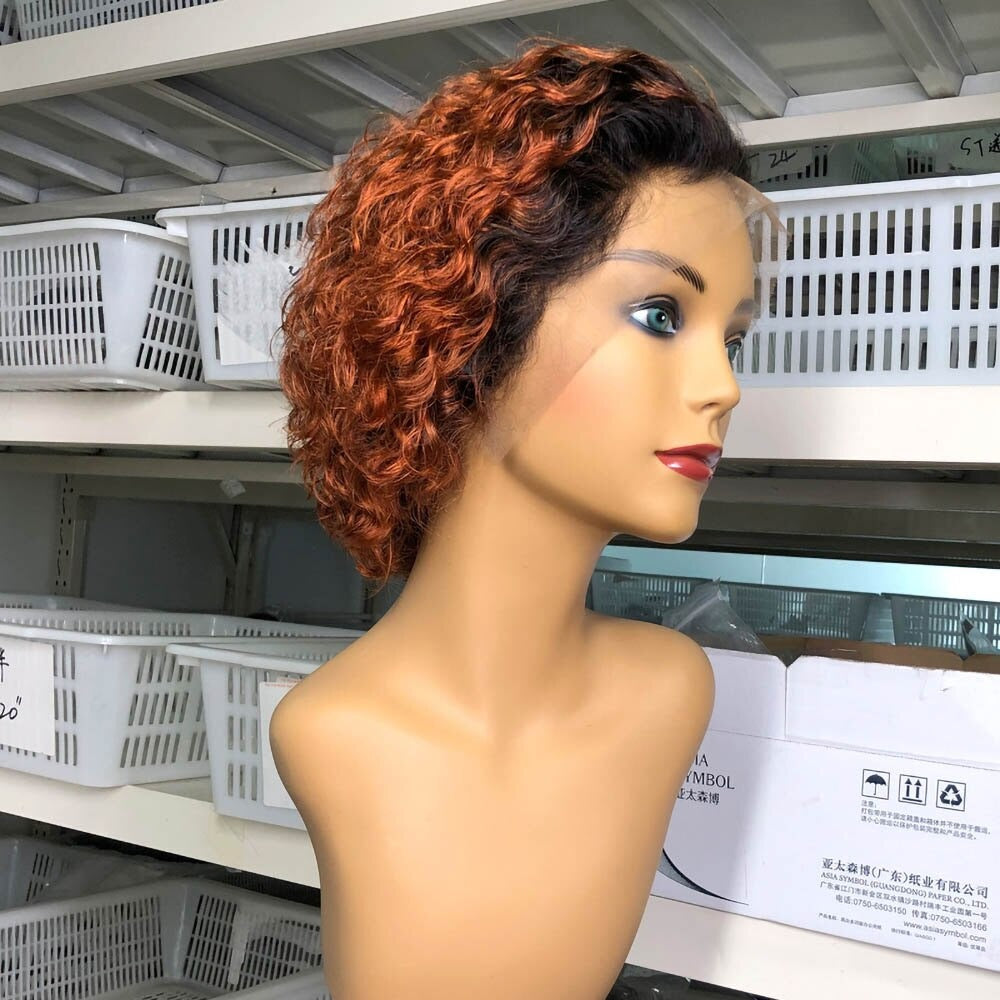 Ombre Short Pixie Cut 13x4x1 T Lace Front Curly Human Hair Wigs 8 Inch - GlamAura