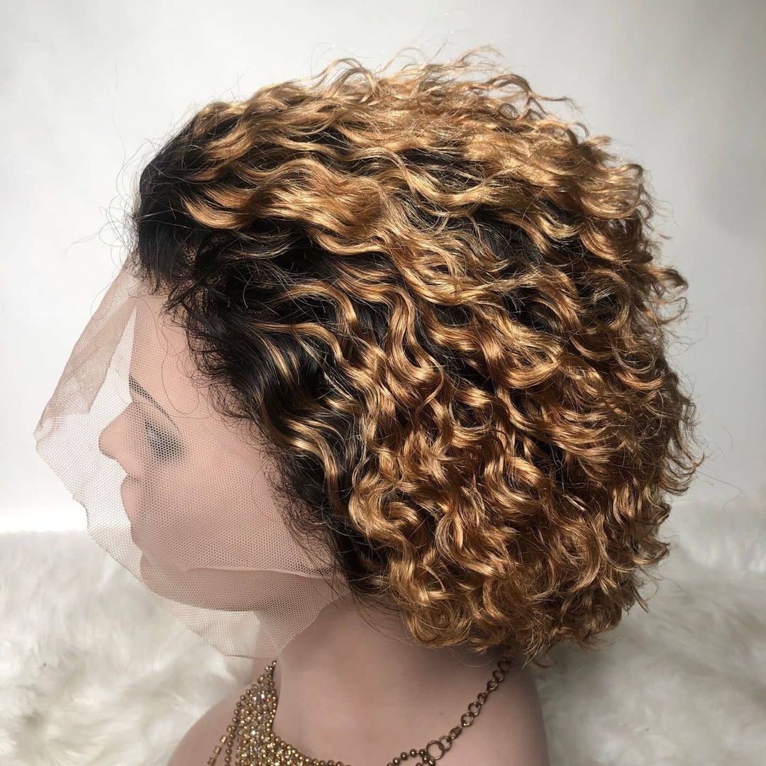 Ombre Short Pixie Cut 13x4x1 T Lace Front Curly Human Hair Wigs 8 Inch - GlamAura