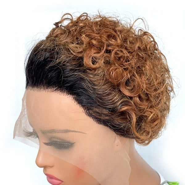 Ombre Short Pixie Cut 13x4x1 T Lace Front Curly Human Hair Wigs 8 Inch - GlamAura