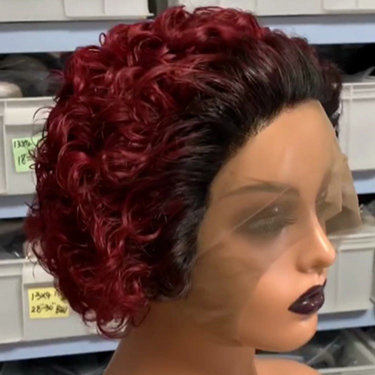 Ombre Short Pixie Cut 13x4x1 T Lace Front Curly Human Hair Wigs 8 Inch - GlamAura
