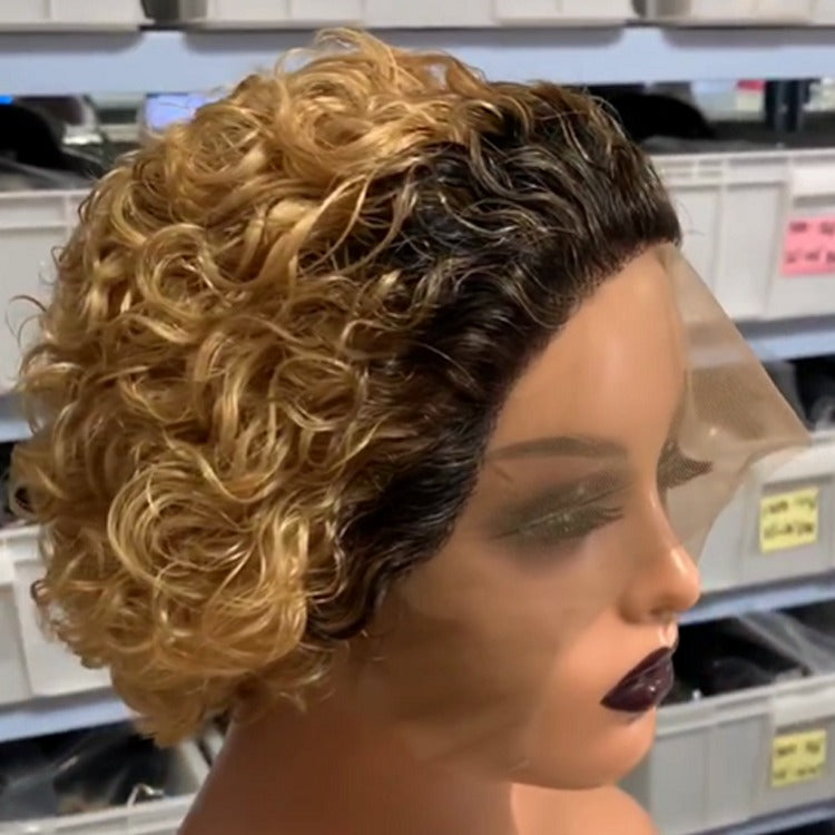Ombre Short Pixie Cut 13x4x1 T Lace Front Curly Human Hair Wigs 8 Inch - GlamAura