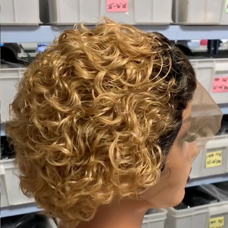 Ombre Short Pixie Cut 13x4x1 T Lace Front Curly Human Hair Wigs 8 Inch - GlamAura